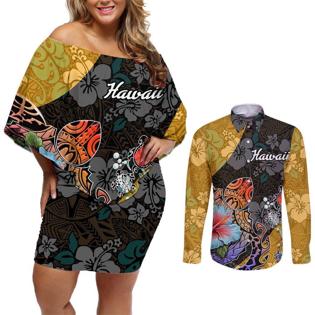Hawaii Polynesian Couples Matching Off Shoulder Short Dress and Long Sleeve Button Shirts Turtles and Hibiscus Flower Gradient Pattern TS04 Multicolor - Polynesian Pride