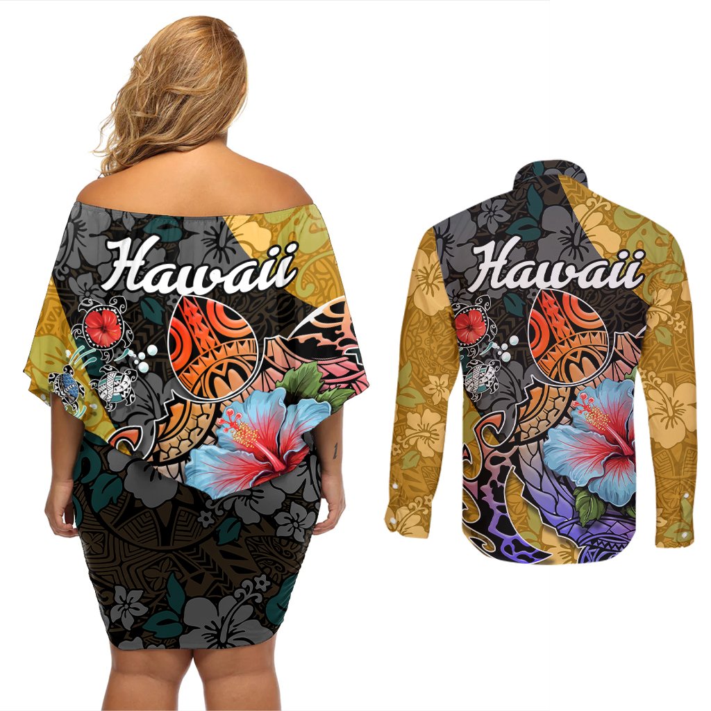 Hawaii Polynesian Couples Matching Off Shoulder Short Dress and Long Sleeve Button Shirts Turtles and Hibiscus Flower Gradient Pattern TS04 - Polynesian Pride