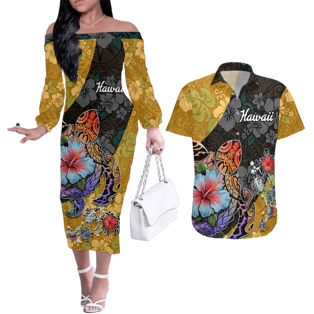 Hawaii Polynesian Couples Matching Off The Shoulder Long Sleeve Dress and Hawaiian Shirt Turtles and Hibiscus Flower Gradient Pattern TS04 Multicolor - Polynesian Pride