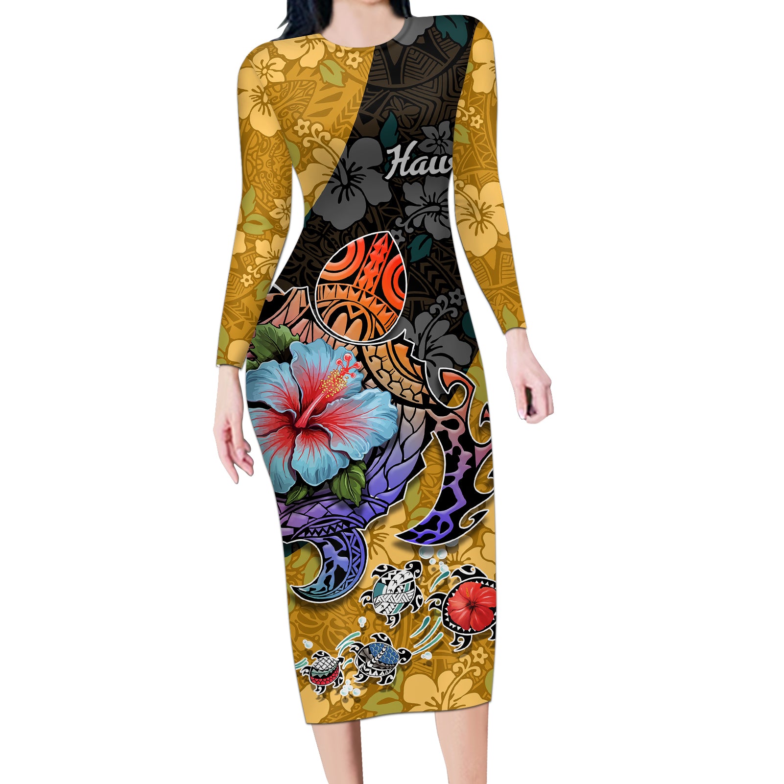 Hawaii Polynesian Long Sleeve Bodycon Dress Turtles and Hibiscus Flower Gradient Pattern TS04 Long Dress Multicolor - Polynesian Pride