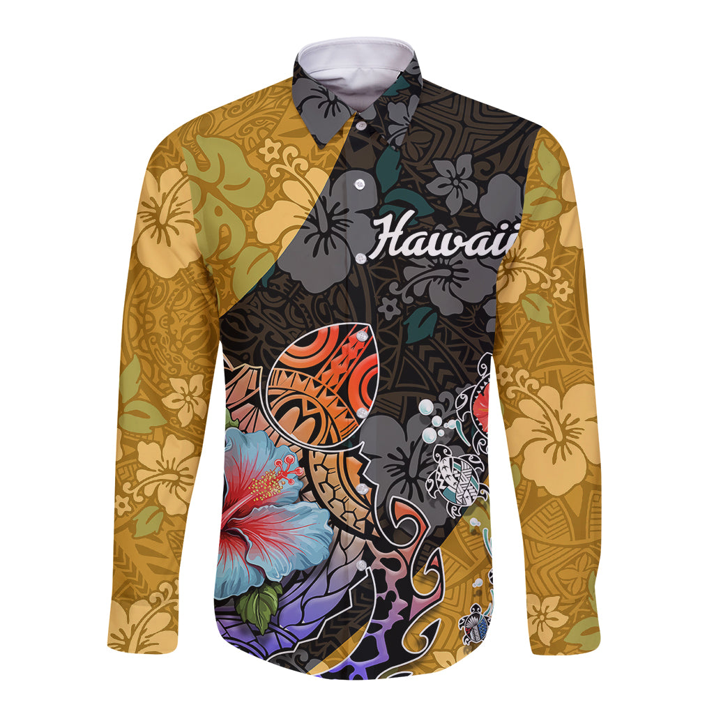 Hawaii Polynesian Long Sleeve Button Shirt Turtles and Hibiscus Flower Gradient Pattern TS04 Unisex Multicolor - Polynesian Pride