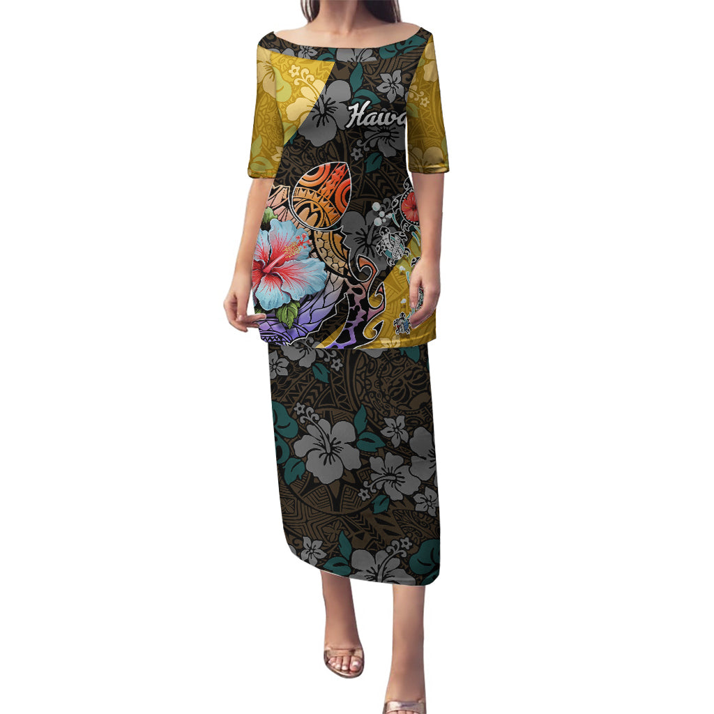 Hawaii Polynesian Puletasi Turtles and Hibiscus Flower Gradient Pattern TS04 Long Dress Multicolor - Polynesian Pride