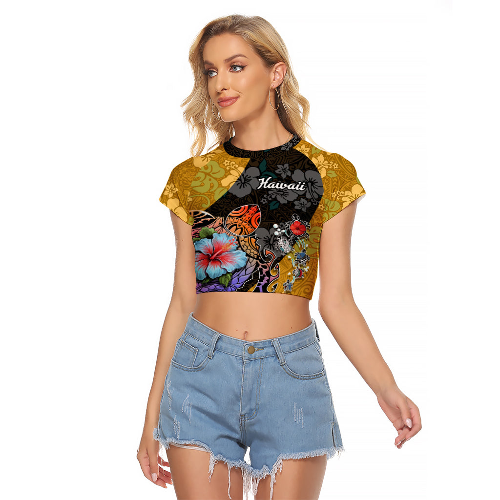 Hawaii Polynesian Raglan Cropped T Shirt Turtles and Hibiscus Flower Gradient Pattern TS04 Female Multicolor - Polynesian Pride