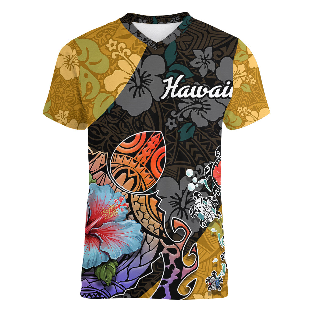 Hawaii Polynesian Women V Neck T Shirt Turtles and Hibiscus Flower Gradient Pattern TS04 Female Multicolor - Polynesian Pride