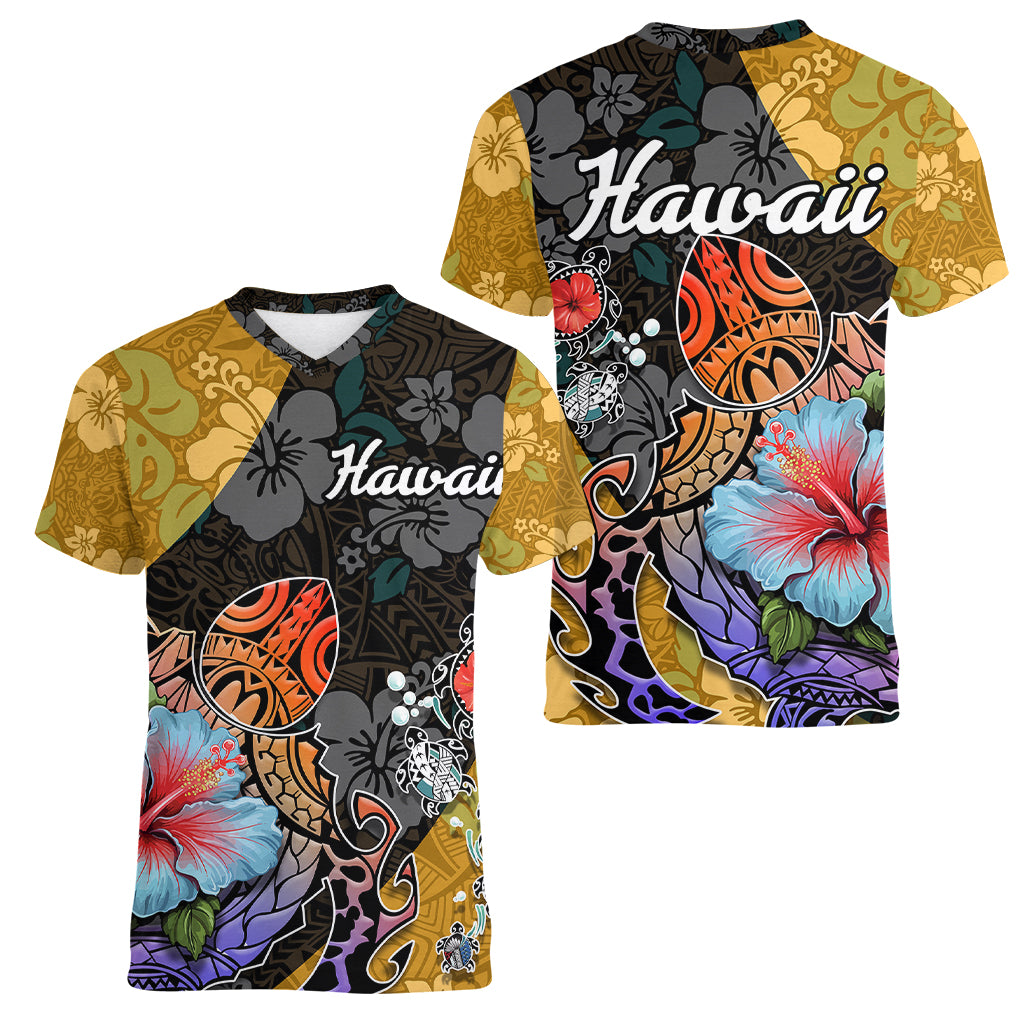 Hawaii Polynesian Women V Neck T Shirt Turtles and Hibiscus Flower Gradient Pattern TS04 - Polynesian Pride