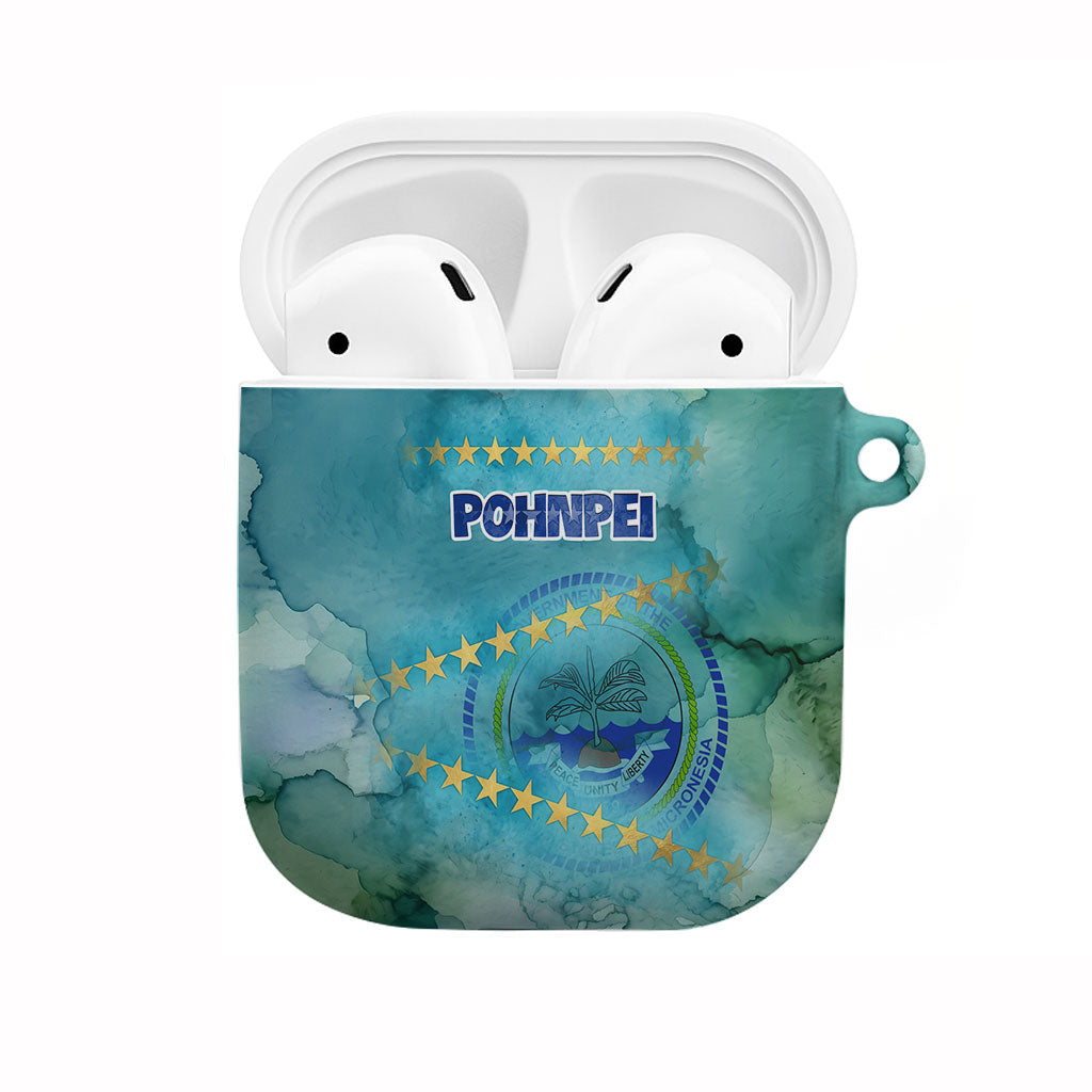 Pohnpei Federated States Of Micronesia AirPods Case Watercolor Heritage Graphic Art With State Seal And Tropical Stars TS04 Blue Green - Polynesian Pride