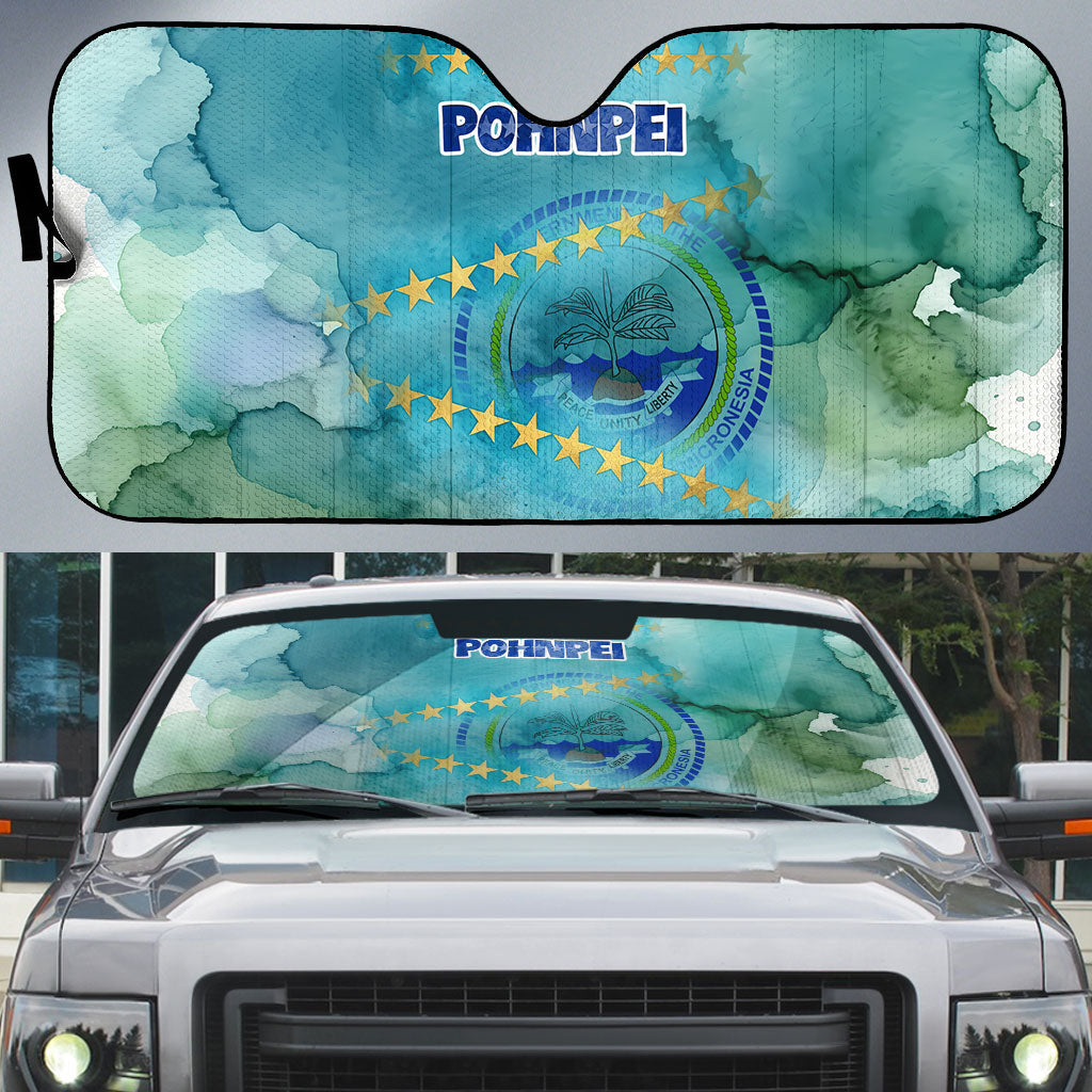 Pohnpei Federated States Of Micronesia Auto Sun Shade Watercolor Heritage Graphic Art With State Seal And Tropical Stars TS04 Blue Green - Polynesian Pride