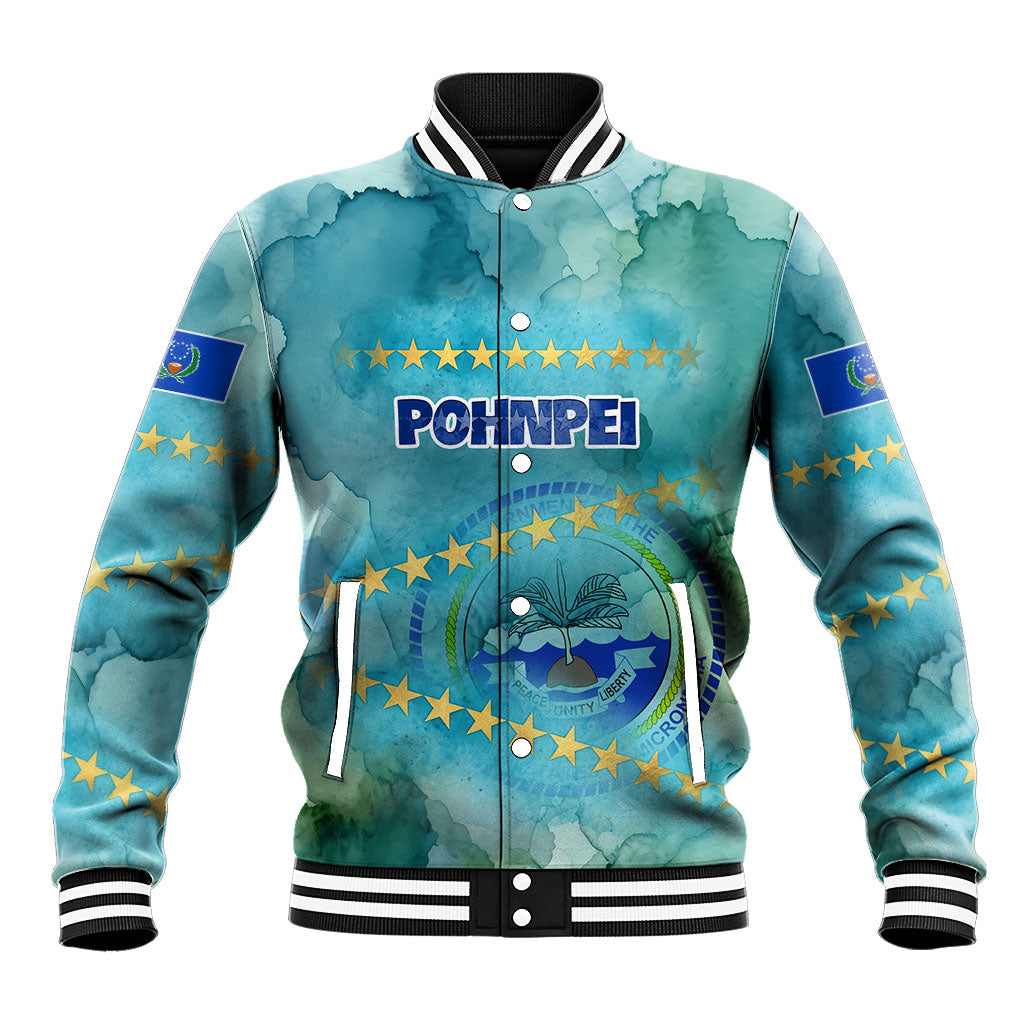 Pohnpei Federated States Of Micronesia Baseball Jacket Watercolor Heritage Graphic Art With State Seal And Tropical Stars TS04 Unisex Blue Green - Polynesian Pride