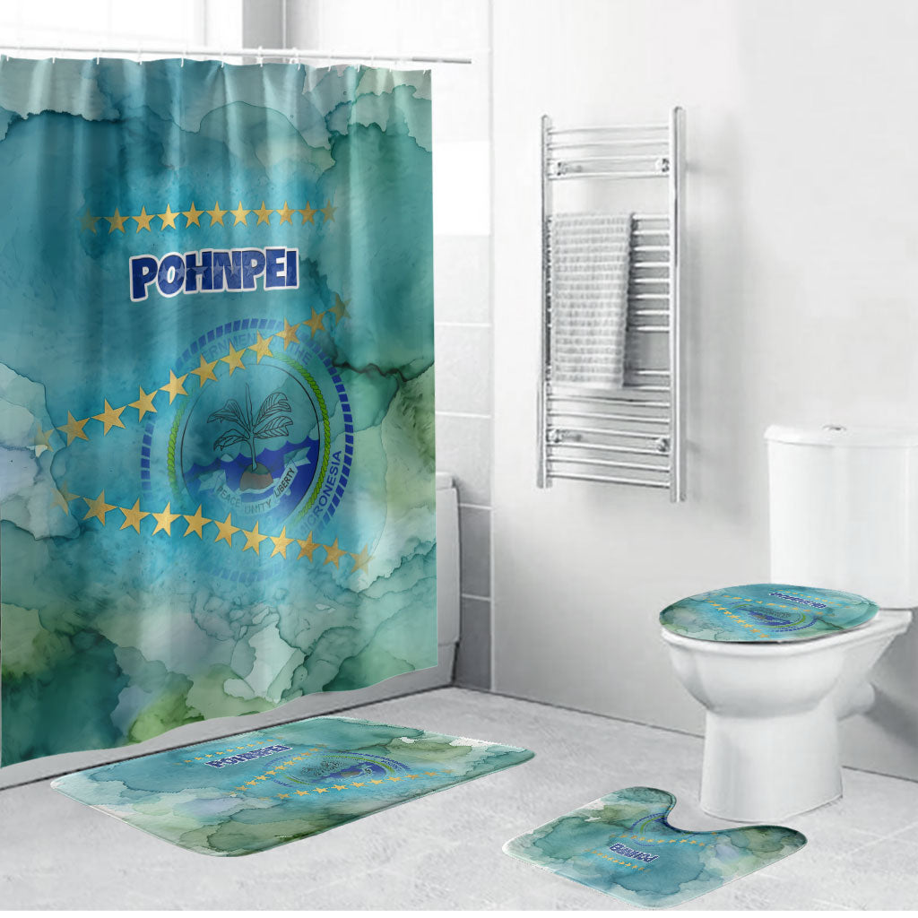 Pohnpei Federated States Of Micronesia Bathroom Set Watercolor Heritage Graphic Art With State Seal And Tropical Stars TS04 Bathroom Set (4 pcs) Blue Green - Polynesian Pride