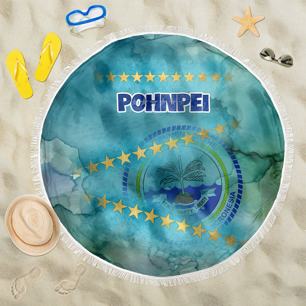 Pohnpei Federated States Of Micronesia Beach Blanket Watercolor Heritage Graphic Art With State Seal And Tropical Stars TS04 One Size 150cm Blue Green - Polynesian Pride