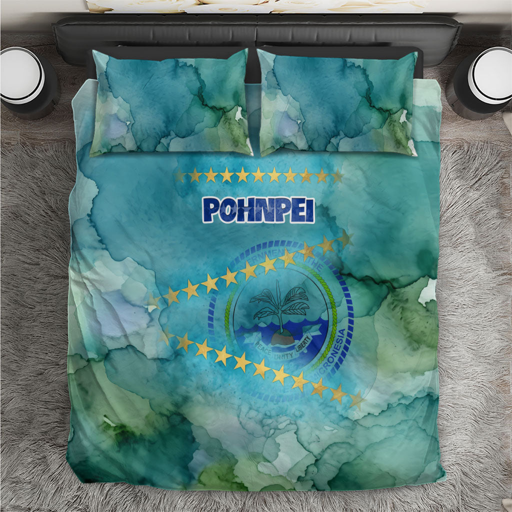 Pohnpei Federated States Of Micronesia Bedding Set Watercolor Heritage Graphic Art With State Seal And Tropical Stars TS04 Blue Green - Polynesian Pride