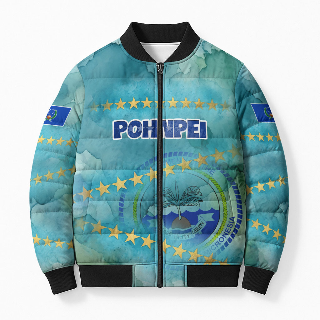 Pohnpei Federated States Of Micronesia Bomber Puffer Jacket Watercolor Heritage Graphic Art With State Seal And Tropical Stars TS04 Unisex Blue Green - Polynesian Pride