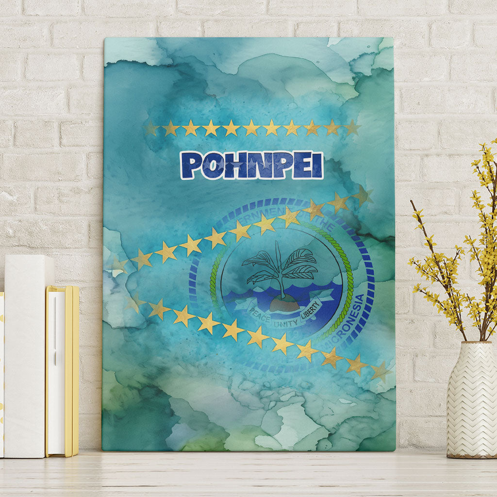 Pohnpei Federated States Of Micronesia Canvas Wall Art Watercolor Heritage Graphic Art With State Seal And Tropical Stars TS04 Without Frame Blue Green - Polynesian Pride
