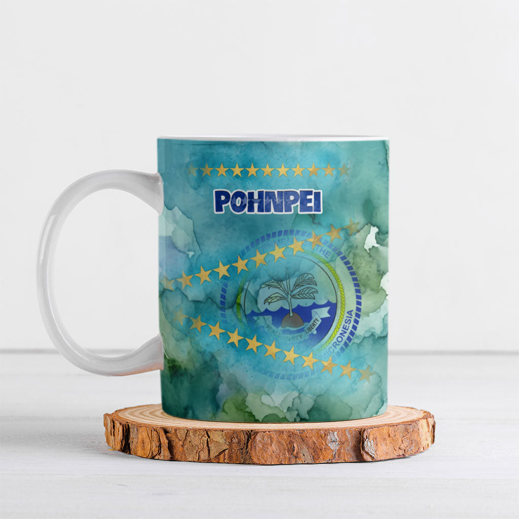Pohnpei Federated States Of Micronesia Ceramic Mug Watercolor Heritage Graphic Art With State Seal And Tropical Stars TS04 Blue Green - Polynesian Pride
