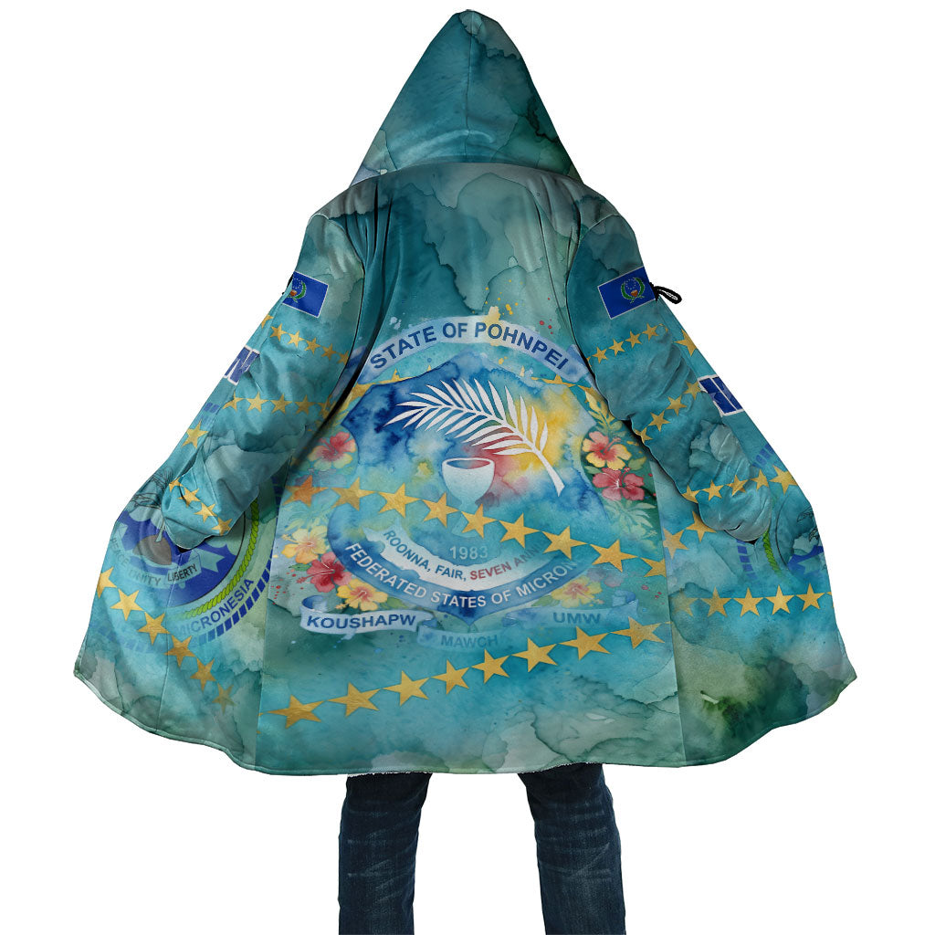 Pohnpei Federated States Of Micronesia Cloak Watercolor Heritage Graphic Art With State Seal And Tropical Stars TS04 Unisex Blue Green - Polynesian Pride