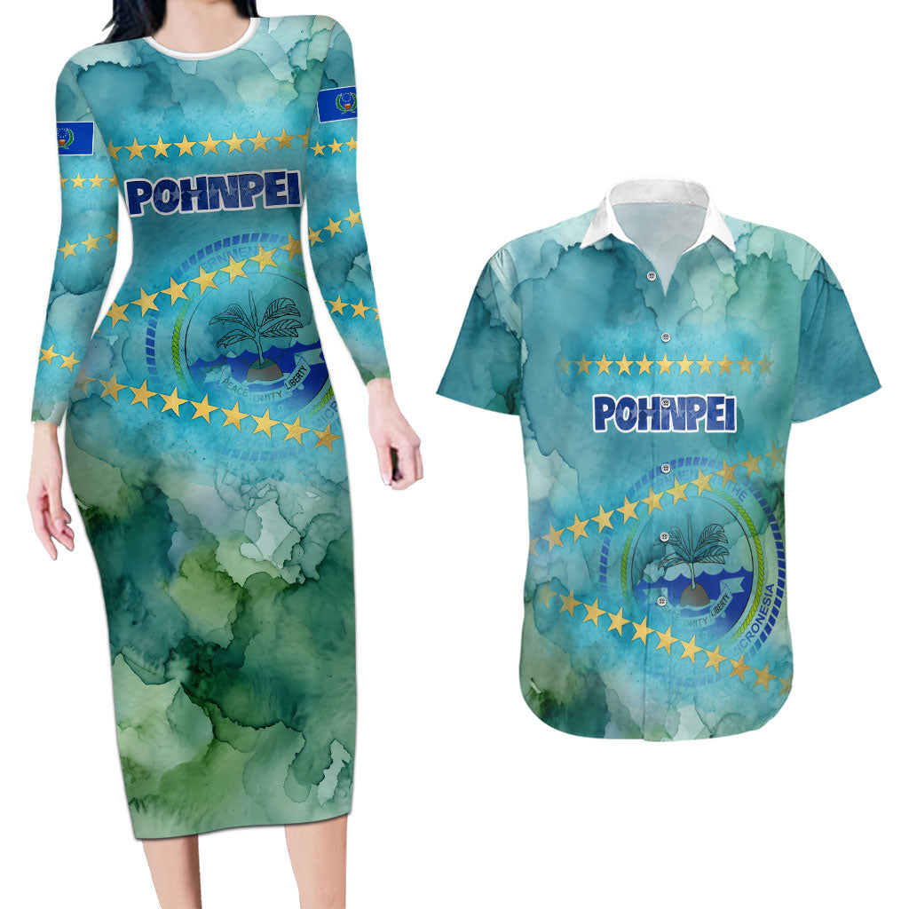 Pohnpei Federated States Of Micronesia Couples Matching Long Sleeve Bodycon Dress and Hawaiian Shirt Watercolor Heritage Graphic Art With State Seal And Tropical Stars TS04 Blue Green - Polynesian Pride