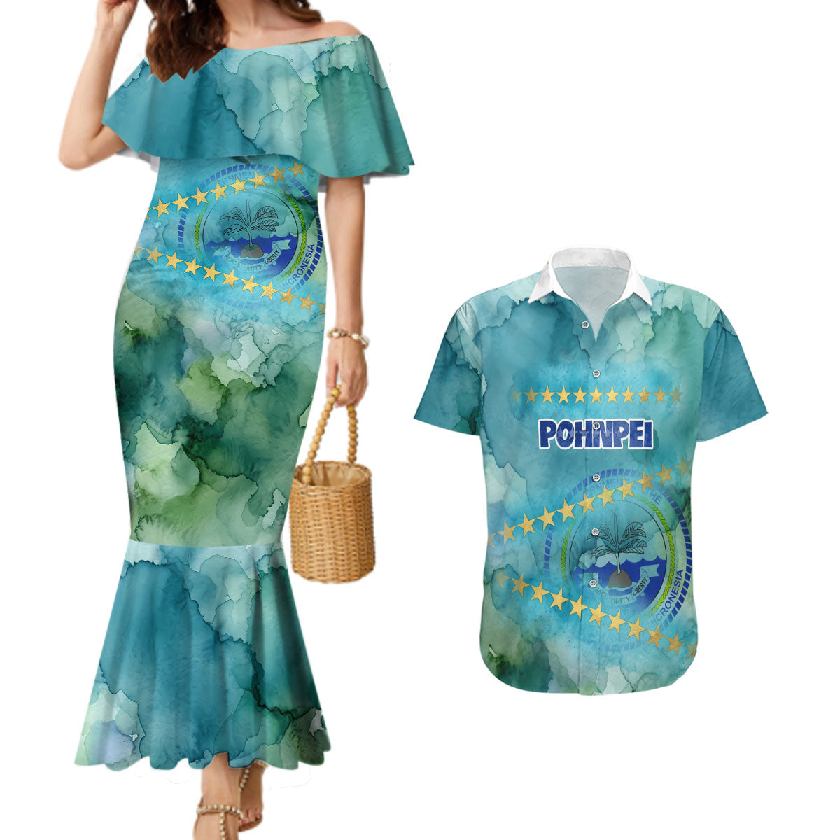 Pohnpei Federated States Of Micronesia Couples Matching Mermaid Dress and Hawaiian Shirt Watercolor Heritage Graphic Art With State Seal And Tropical Stars TS04 Blue Green - Polynesian Pride