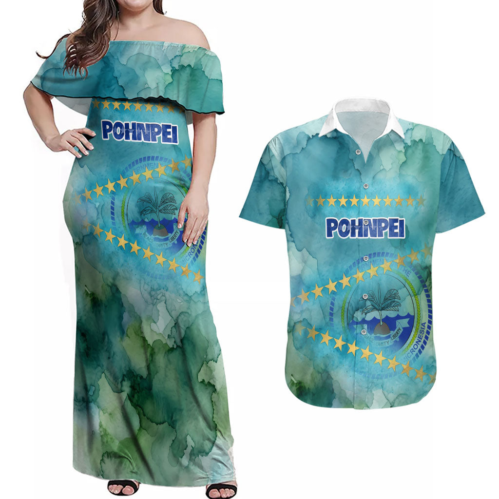 Pohnpei Federated States Of Micronesia Couples Matching Off Shoulder Maxi Dress and Hawaiian Shirt Watercolor Heritage Graphic Art With State Seal And Tropical Stars TS04 Blue Green - Polynesian Pride