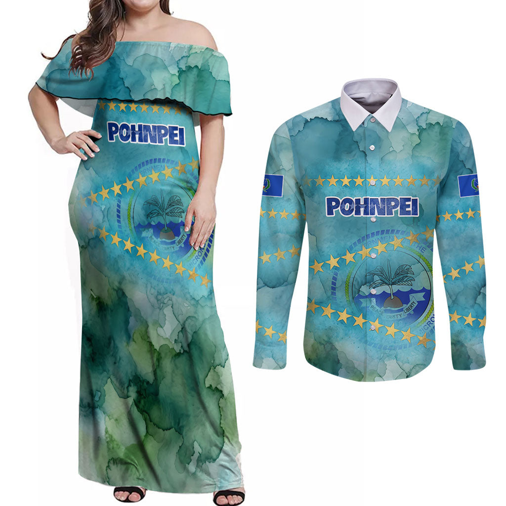 Pohnpei Federated States Of Micronesia Couples Matching Off Shoulder Maxi Dress and Long Sleeve Button Shirt Watercolor Heritage Graphic Art With State Seal And Tropical Stars TS04 Blue Green - Polynesian Pride