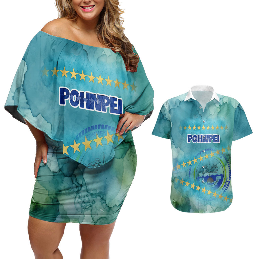 Pohnpei Federated States Of Micronesia Couples Matching Off Shoulder Short Dress and Hawaiian Shirt Watercolor Heritage Graphic Art With State Seal And Tropical Stars TS04 Blue Green - Polynesian Pride