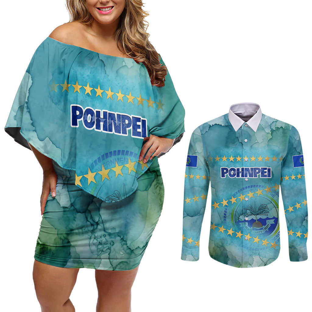 Pohnpei Federated States Of Micronesia Couples Matching Off Shoulder Short Dress and Long Sleeve Button Shirt Watercolor Heritage Graphic Art With State Seal And Tropical Stars TS04 Blue Green - Polynesian Pride