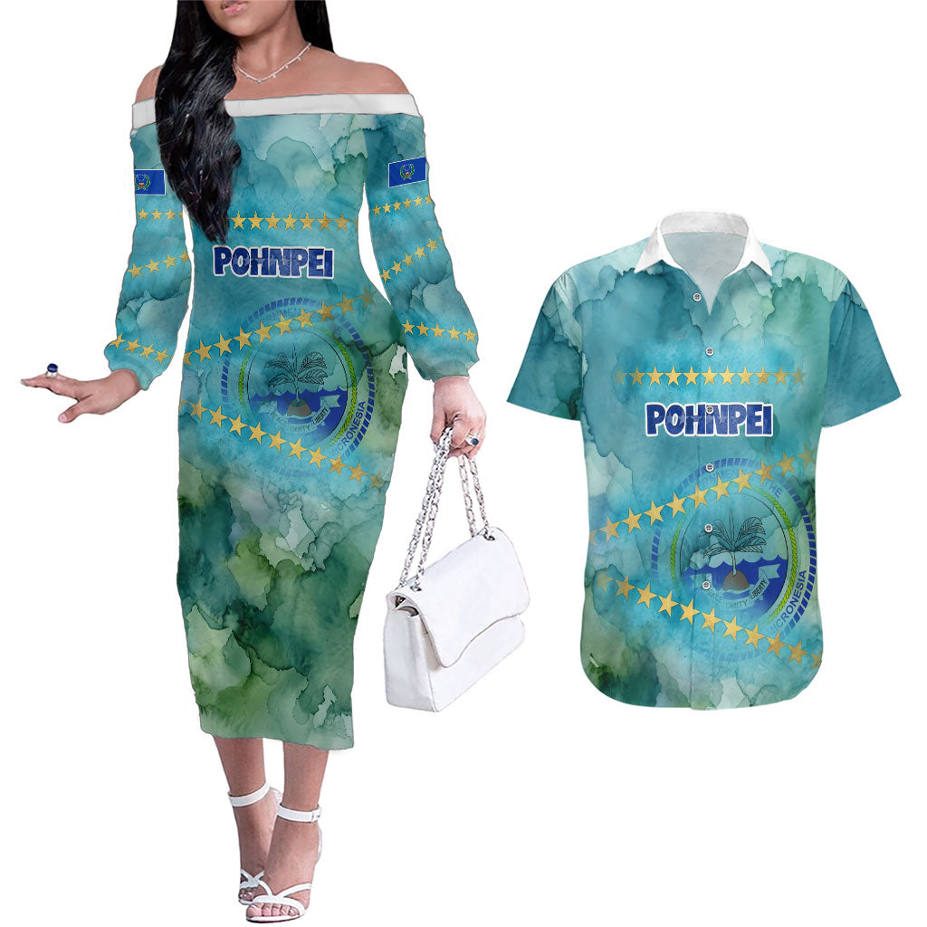 Pohnpei Federated States Of Micronesia Couples Matching Off The Shoulder Long Sleeve Dress and Hawaiian Shirt Watercolor Heritage Graphic Art With State Seal And Tropical Stars TS04 Blue Green - Polynesian Pride