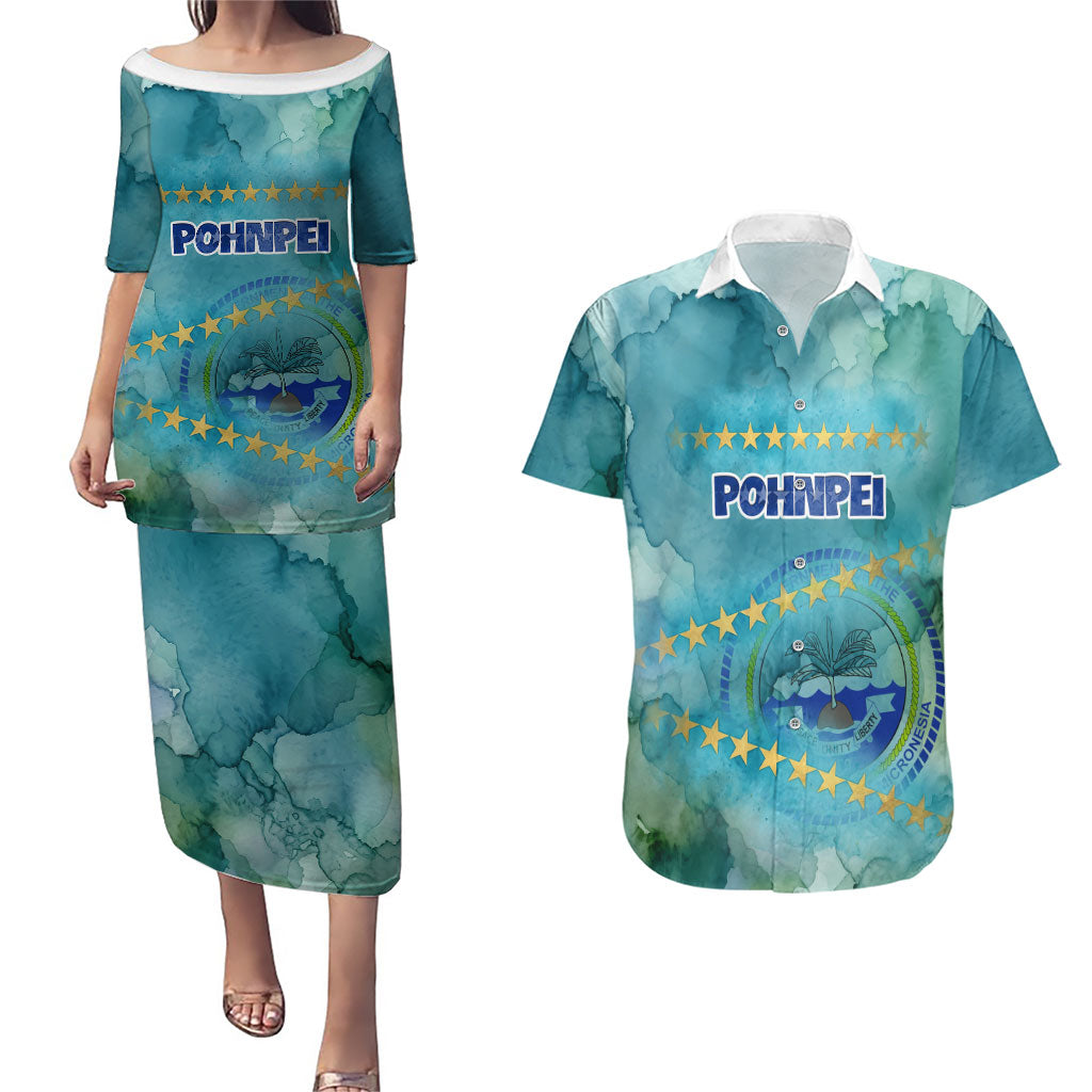 Pohnpei Federated States Of Micronesia Couples Matching Puletasi and Hawaiian Shirt Watercolor Heritage Graphic Art With State Seal And Tropical Stars TS04 Blue Green - Polynesian Pride