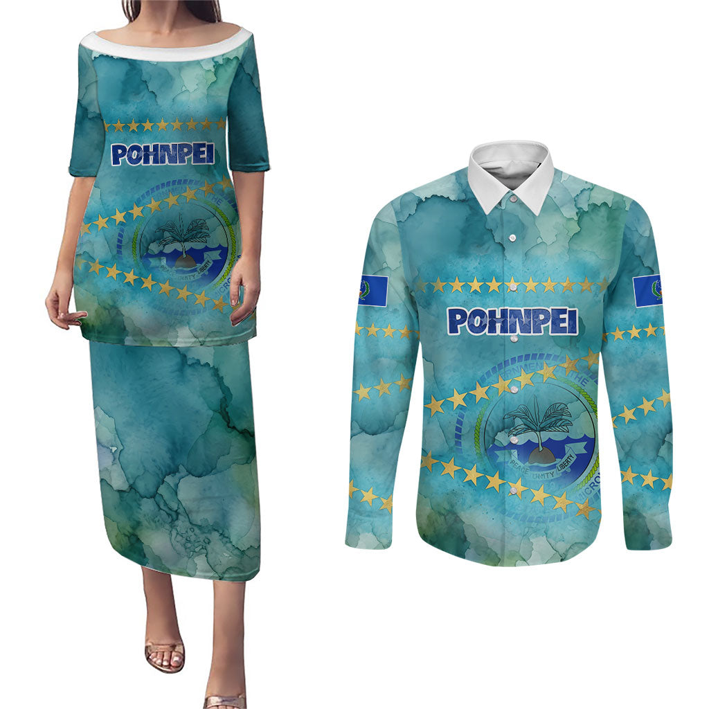 Pohnpei Federated States Of Micronesia Couples Matching Puletasi and Long Sleeve Button Shirt Watercolor Heritage Graphic Art With State Seal And Tropical Stars TS04 Blue Green - Polynesian Pride