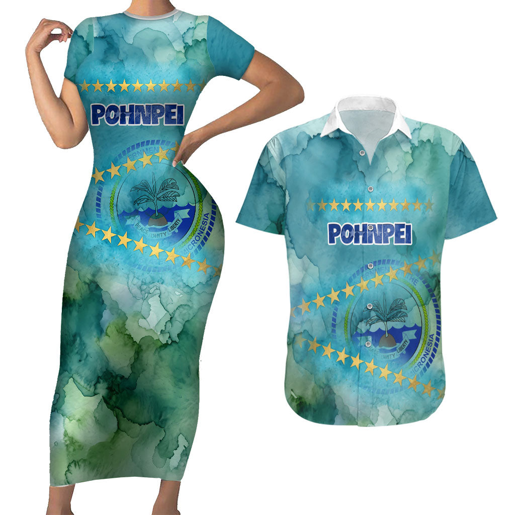 Pohnpei Federated States Of Micronesia Couples Matching Short Sleeve Bodycon Dress and Hawaiian Shirt Watercolor Heritage Graphic Art With State Seal And Tropical Stars TS04 Blue Green - Polynesian Pride