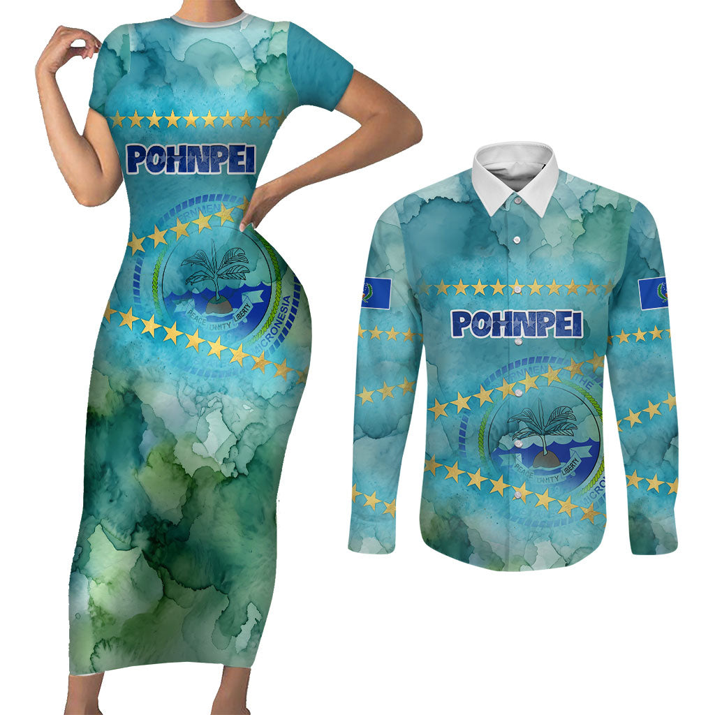 Pohnpei Federated States Of Micronesia Couples Matching Short Sleeve Bodycon Dress and Long Sleeve Button Shirt Watercolor Heritage Graphic Art With State Seal And Tropical Stars TS04 Blue Green - Polynesian Pride