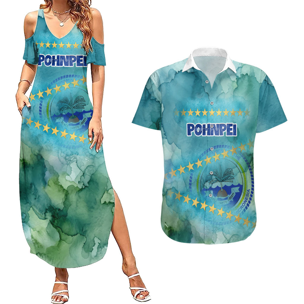 Pohnpei Federated States Of Micronesia Couples Matching Summer Maxi Dress and Hawaiian Shirt Watercolor Heritage Graphic Art With State Seal And Tropical Stars TS04 Blue Green - Polynesian Pride