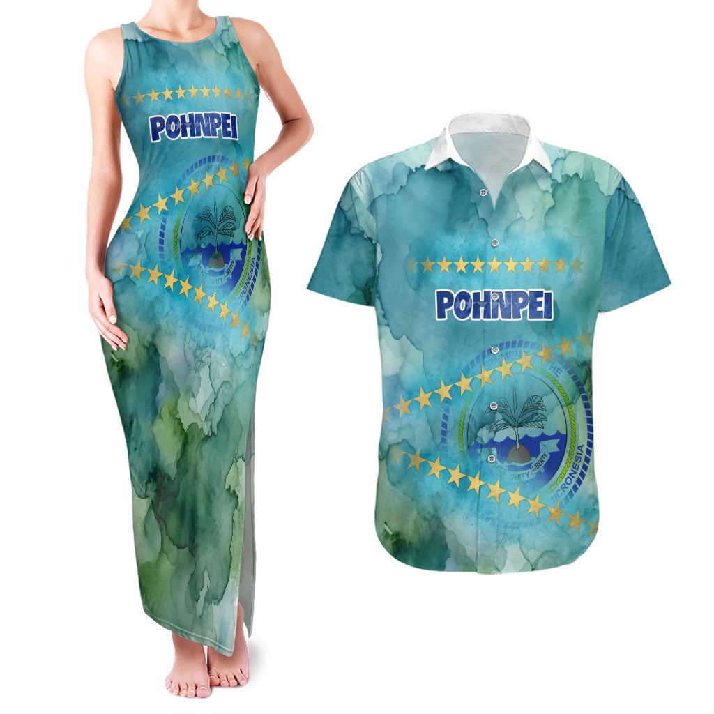 Pohnpei Federated States Of Micronesia Couples Matching Tank Maxi Dress and Hawaiian Shirt Watercolor Heritage Graphic Art With State Seal And Tropical Stars TS04 Blue Green - Polynesian Pride
