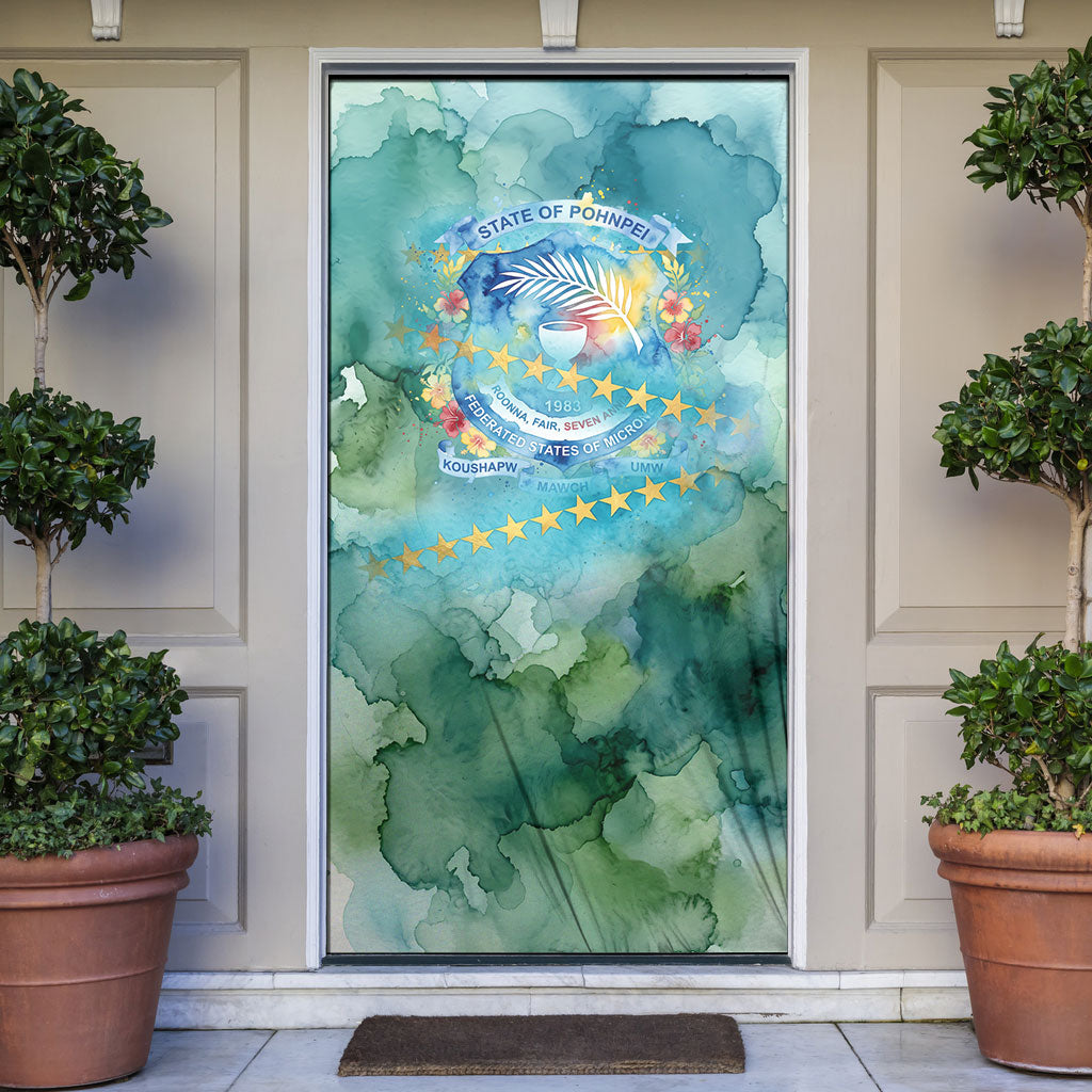 Pohnpei Federated States Of Micronesia Door Cover Watercolor Heritage Graphic Art With State Seal And Tropical Stars TS04 Blue Green - Polynesian Pride