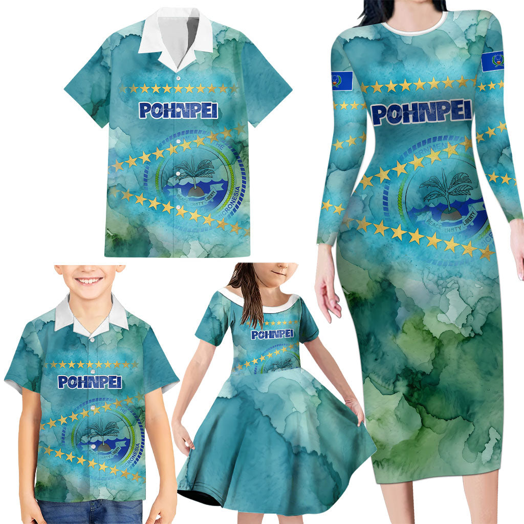 Pohnpei Federated States Of Micronesia Family Matching Long Sleeve Bodycon Dress and Hawaiian Shirt Watercolor Heritage Graphic Art With State Seal And Tropical Stars TS04 - Polynesian Pride