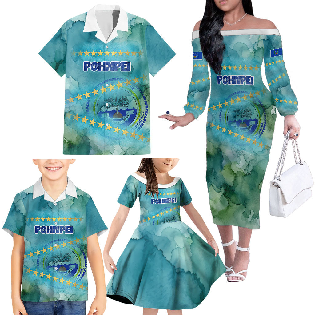 Pohnpei Federated States Of Micronesia Family Matching Off The Shoulder Long Sleeve Dress and Hawaiian Shirt Watercolor Heritage Graphic Art With State Seal And Tropical Stars TS04 - Polynesian Pride