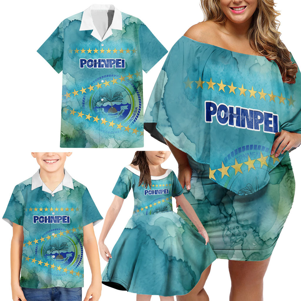 Pohnpei Federated States Of Micronesia Family Matching Off Shoulder Short Dress and Hawaiian Shirt Watercolor Heritage Graphic Art With State Seal And Tropical Stars TS04 - Polynesian Pride