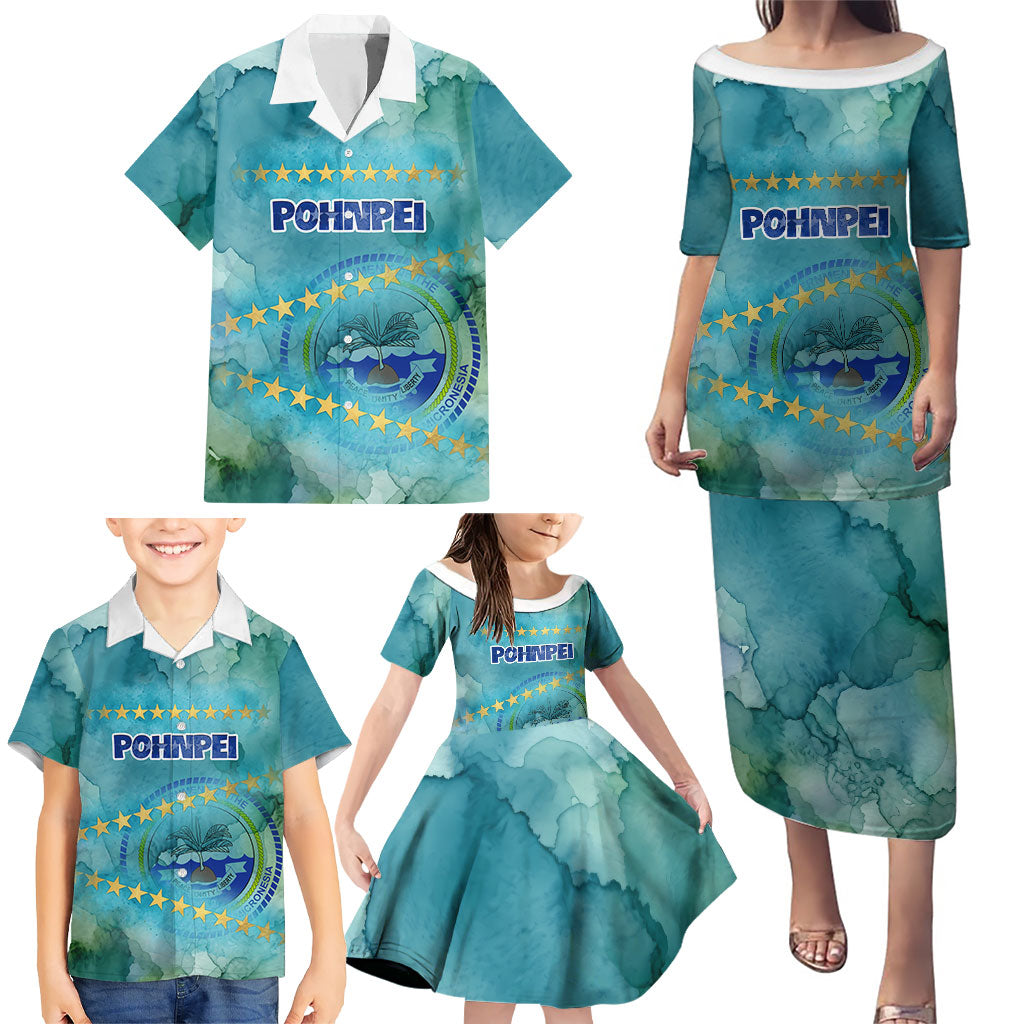Pohnpei Federated States Of Micronesia Family Matching Puletasi and Hawaiian Shirt Watercolor Heritage Graphic Art With State Seal And Tropical Stars TS04 - Polynesian Pride