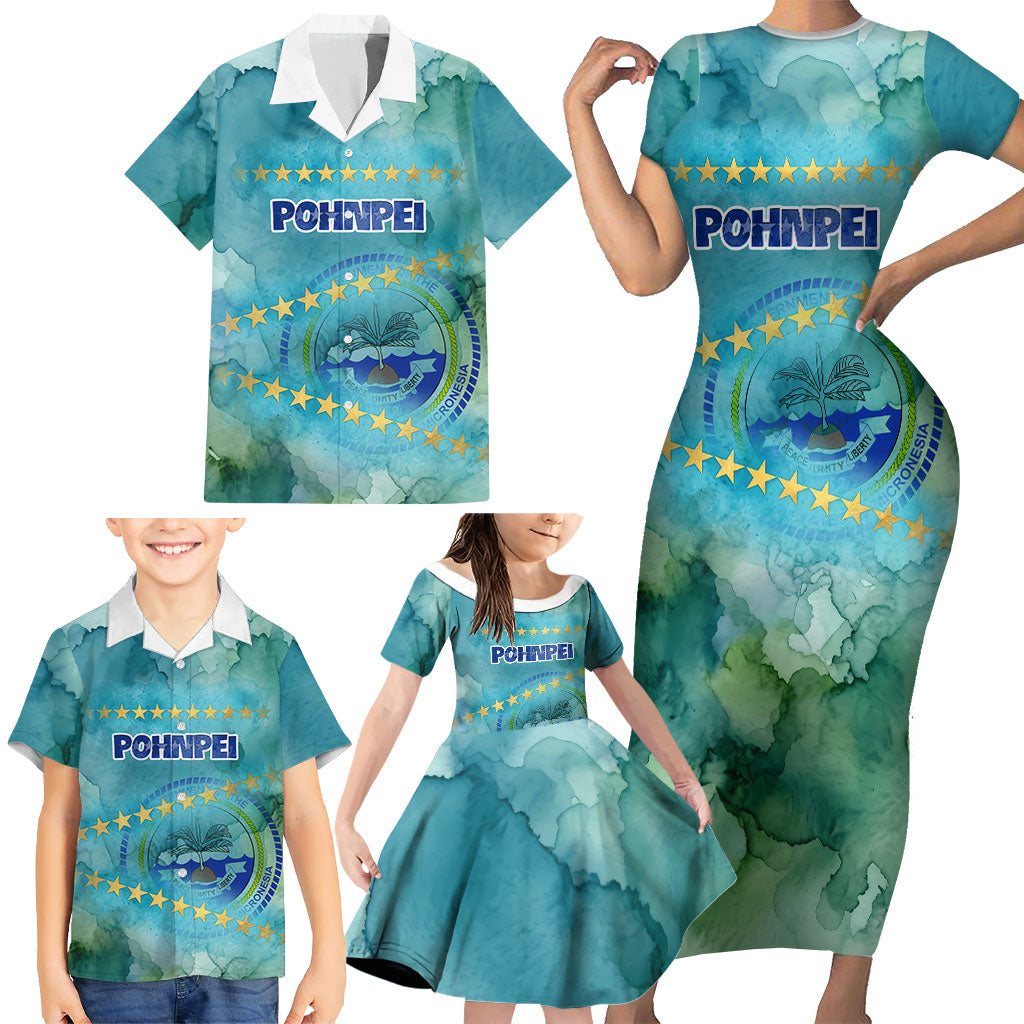 Pohnpei Federated States Of Micronesia Family Matching Short Sleeve Bodycon Dress and Hawaiian Shirt Watercolor Heritage Graphic Art With State Seal And Tropical Stars TS04 - Polynesian Pride