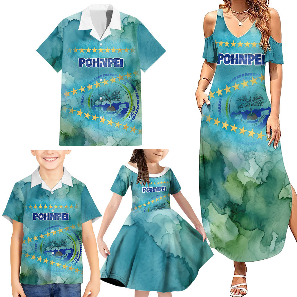 Pohnpei Federated States Of Micronesia Family Matching Summer Maxi Dress and Hawaiian Shirt Watercolor Heritage Graphic Art With State Seal And Tropical Stars TS04 - Polynesian Pride