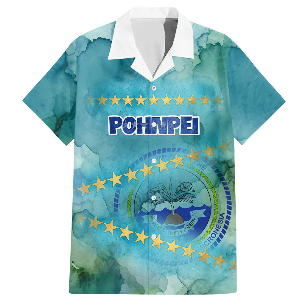 Pohnpei Federated States Of Micronesia Hawaiian Shirt Watercolor Heritage Graphic Art With State Seal And Tropical Stars TS04 Blue Green - Polynesian Pride