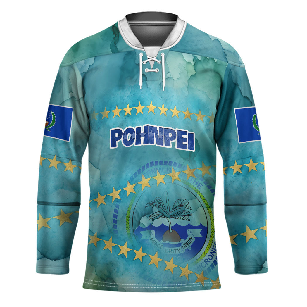 Pohnpei Federated States Of Micronesia Hockey Jersey Watercolor Heritage Graphic Art With State Seal And Tropical Stars TS04 Unisex Blue Green - Polynesian Pride