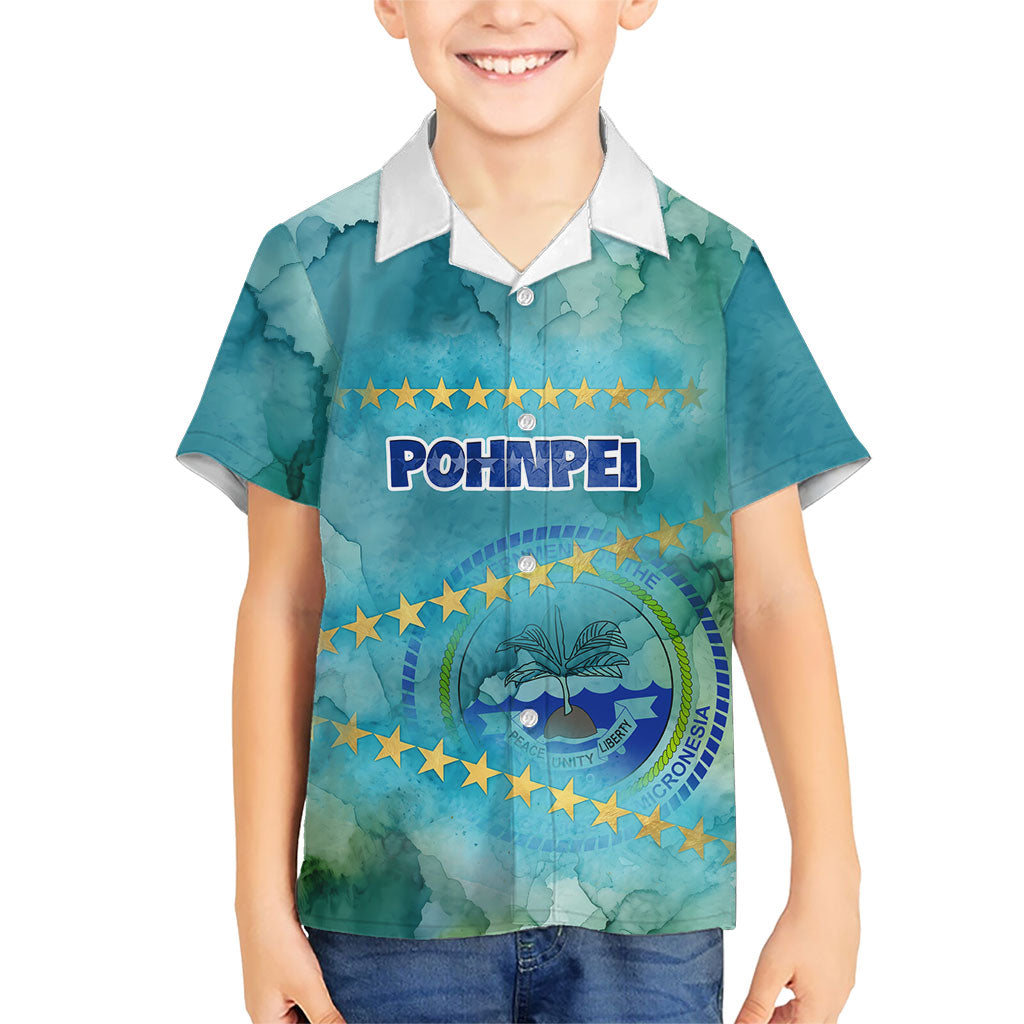 Pohnpei Federated States Of Micronesia Kid Hawaiian Shirt Watercolor Heritage Graphic Art With State Seal And Tropical Stars TS04 Kid Blue Green - Polynesian Pride