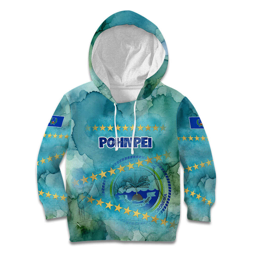 Pohnpei Federated States Of Micronesia Kid Hoodie Watercolor Heritage Graphic Art With State Seal And Tropical Stars TS04 Hoodie Blue Green - Polynesian Pride