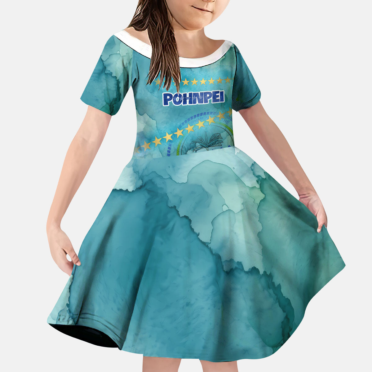 Pohnpei Federated States Of Micronesia Kid Short Sleeve Dress Watercolor Heritage Graphic Art With State Seal And Tropical Stars TS04 KID Blue Green - Polynesian Pride