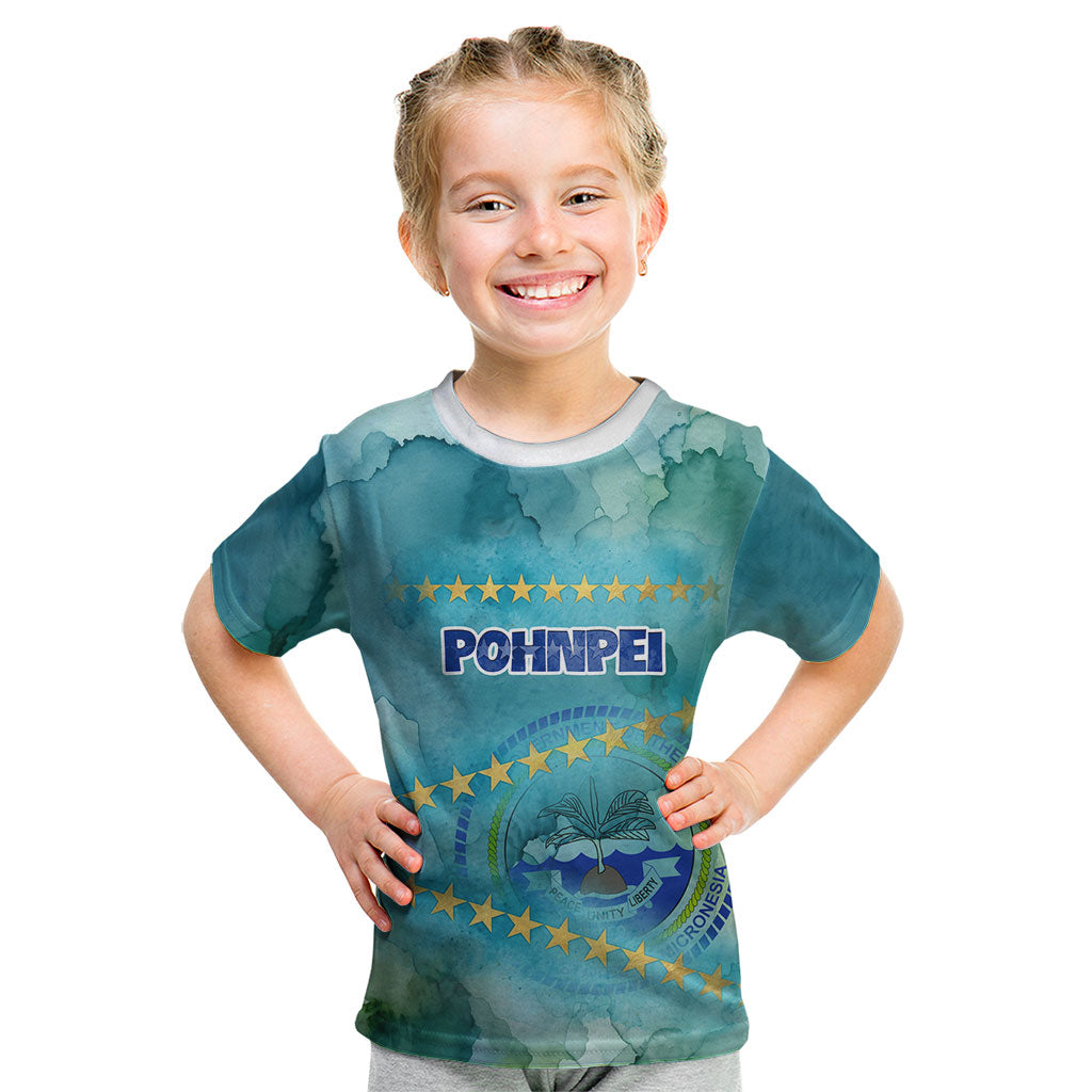Pohnpei Federated States Of Micronesia Kid T Shirt Watercolor Heritage Graphic Art With State Seal And Tropical Stars TS04 Blue Green - Polynesian Pride