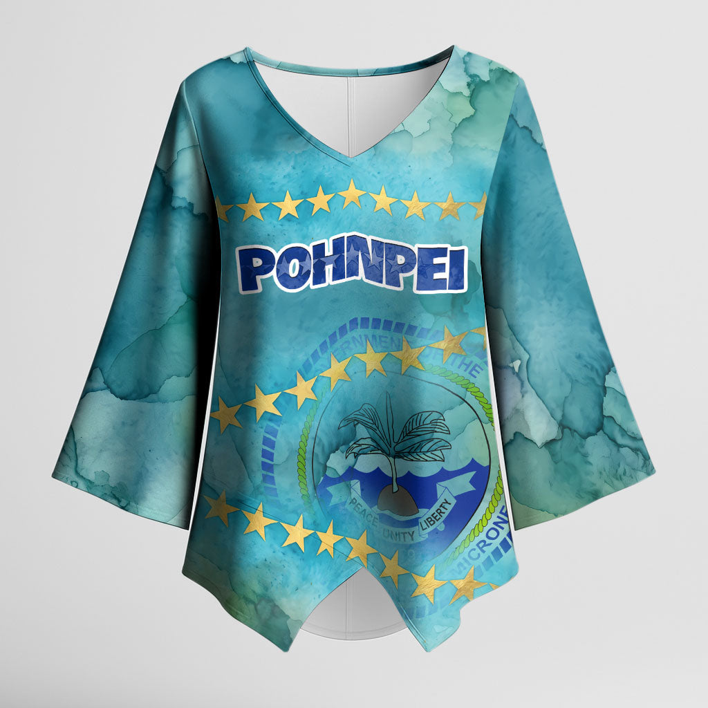 Pohnpei Federated States Of Micronesia Kimono Sleeve Blouse Watercolor Heritage Graphic Art With State Seal And Tropical Stars TS04 Female Blue Green - Polynesian Pride