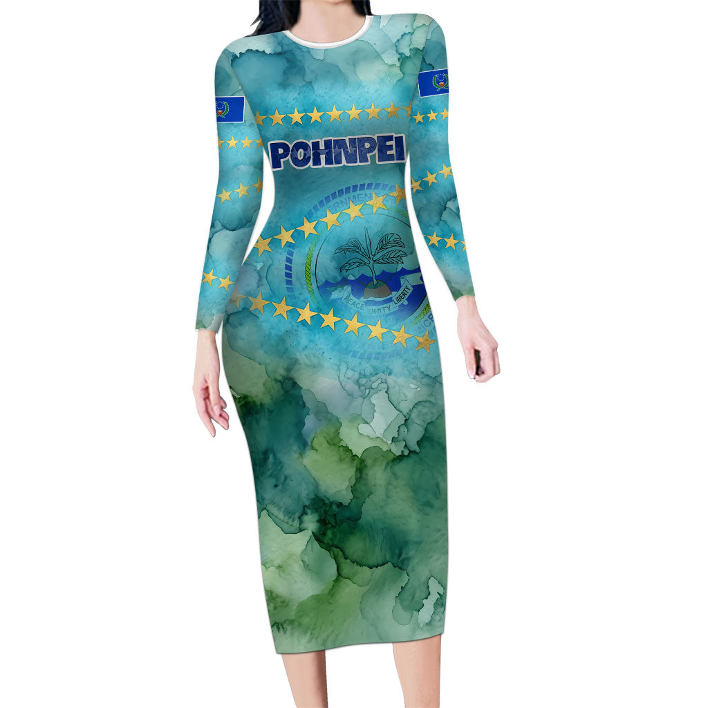 Pohnpei Federated States Of Micronesia Long Sleeve Bodycon Dress Watercolor Heritage Graphic Art With State Seal And Tropical Stars TS04 Long Dress Blue Green - Polynesian Pride