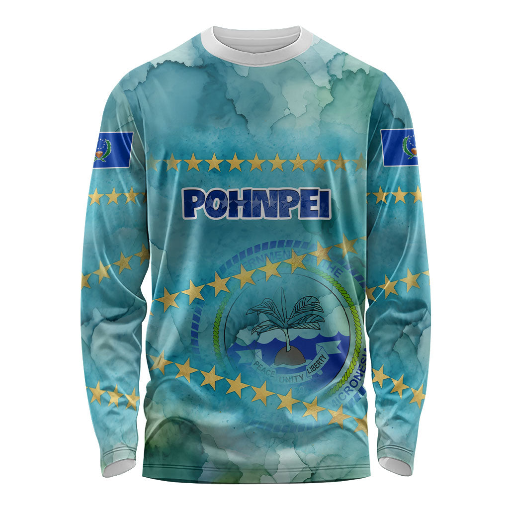 Pohnpei Federated States Of Micronesia Long Sleeve Shirt Watercolor Heritage Graphic Art With State Seal And Tropical Stars TS04 Unisex Blue Green - Polynesian Pride