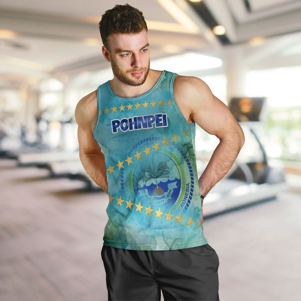 Pohnpei Federated States Of Micronesia Men Tank Top Watercolor Heritage Graphic Art With State Seal And Tropical Stars TS04 Blue Green - Polynesian Pride