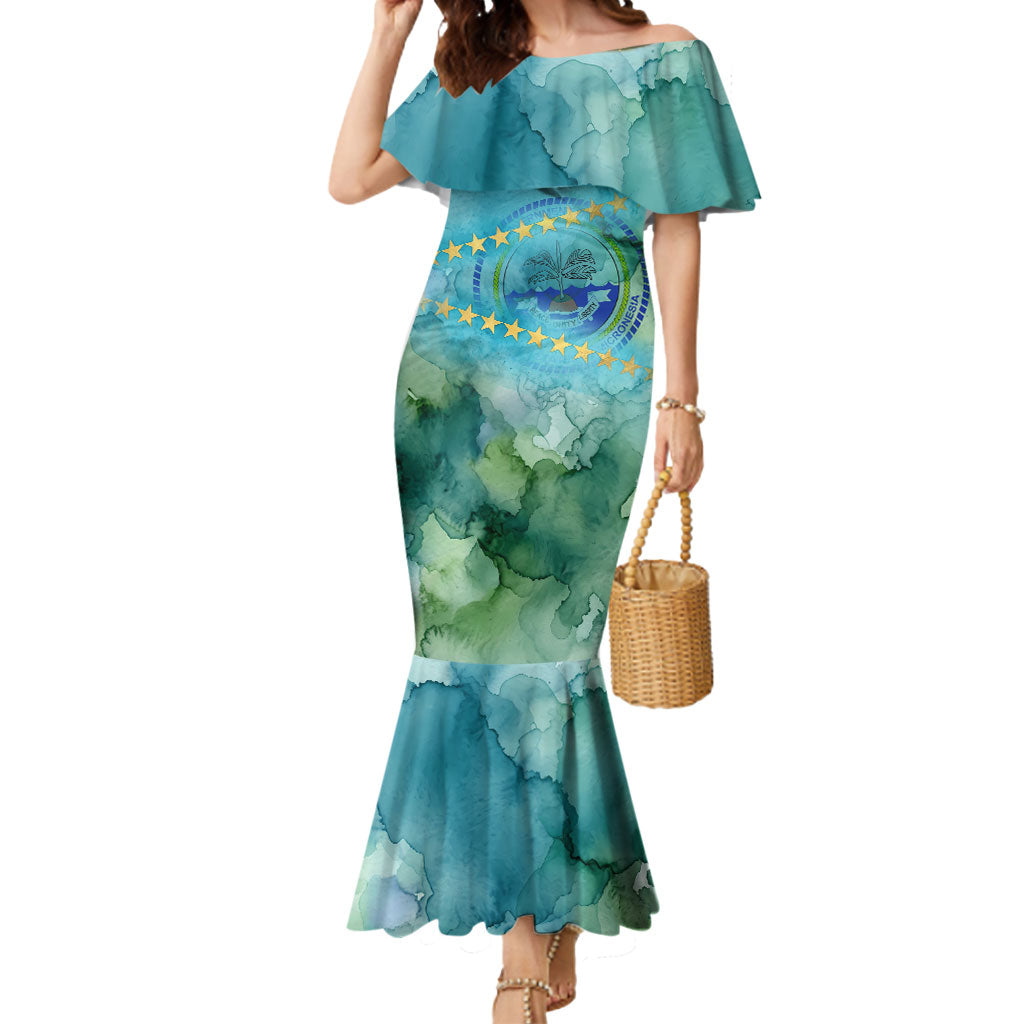 Pohnpei Federated States Of Micronesia Mermaid Dress Watercolor Heritage Graphic Art With State Seal And Tropical Stars TS04 Women Blue Green - Polynesian Pride